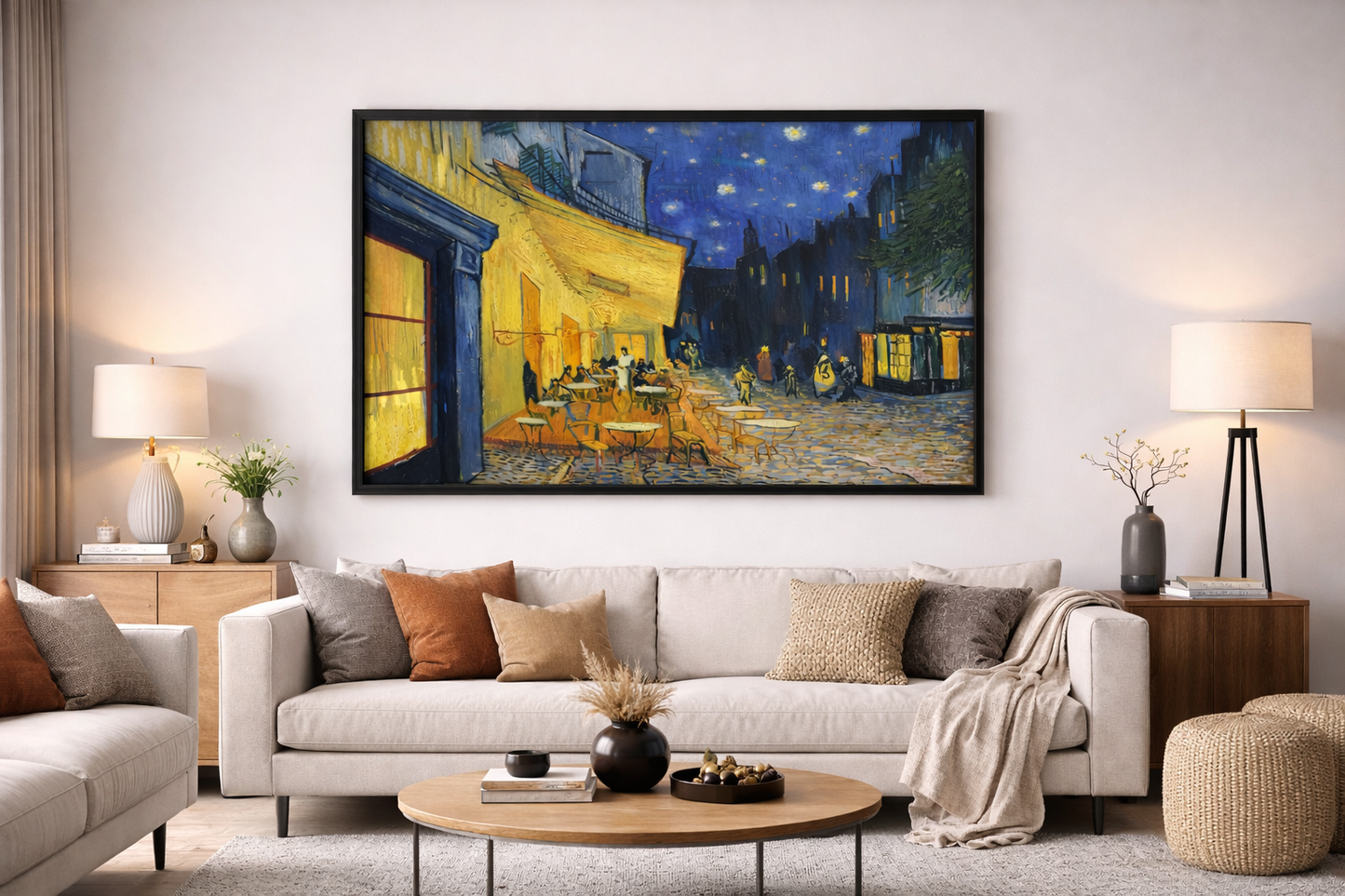 Terrace at Night Framed Print – Warm Impressionist Wall Art