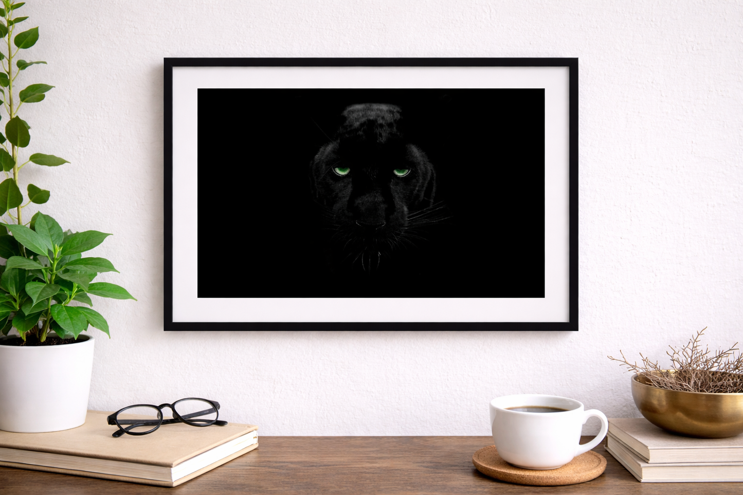 Black Panther Framed Print – Dark Luxury Wall Art with Green Eyes