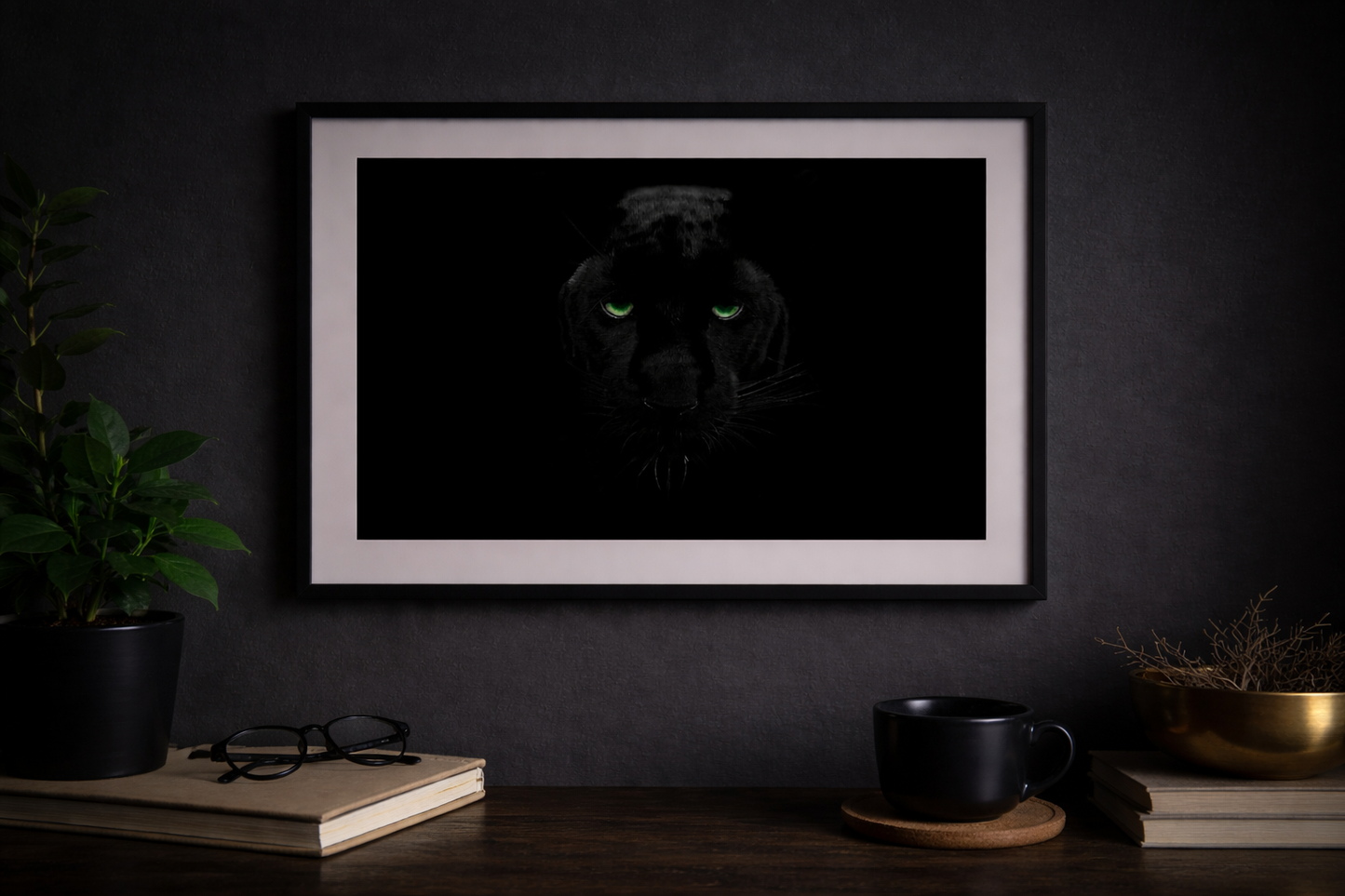 Black Panther Framed Print – Dark Luxury Wall Art with Green Eyes