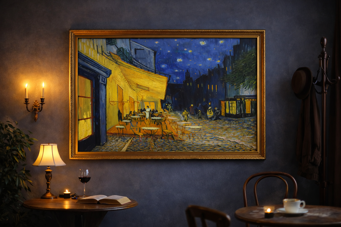 Terrace at Night Framed Print – Warm Impressionist Wall Art