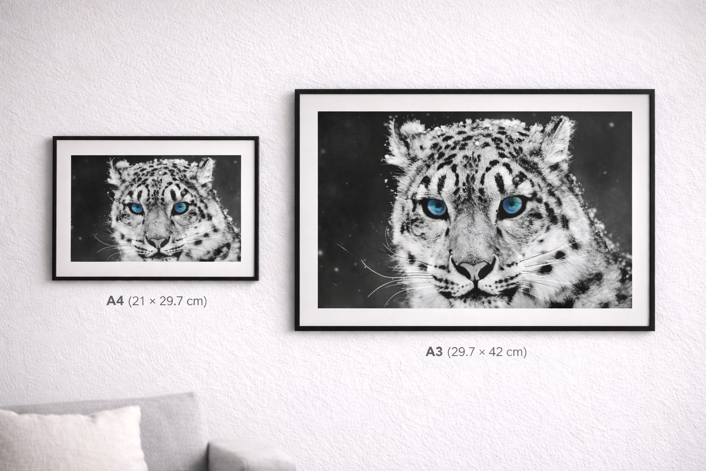 Snow Leopard Framed Print – Black and White Animal Wall Art