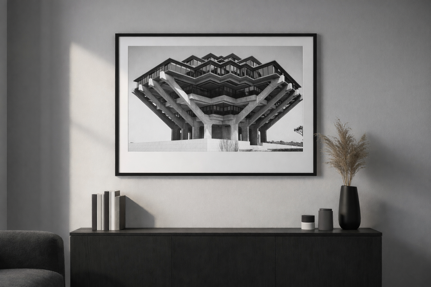 Brutalist Architecture Framed Print – Modern Black & White Wall Art