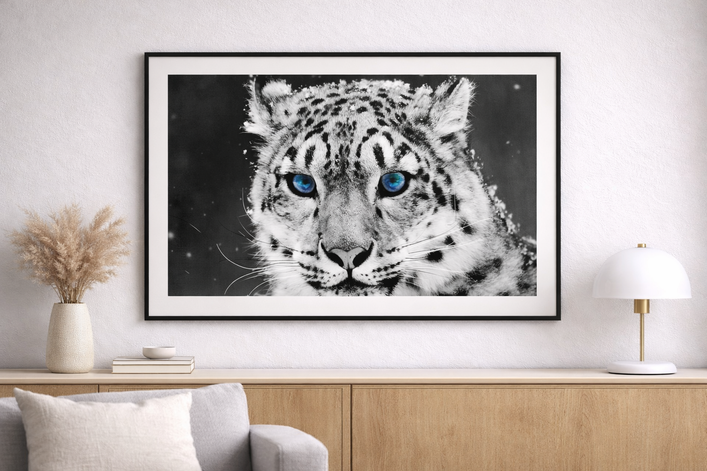 Snow Leopard Framed Print – Black and White Animal Wall Art